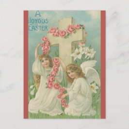 Cartão Postal Vintage Angels With a Cross Pink Flowers Easter