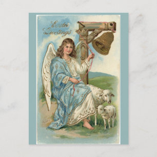 Cartão Postal Vintage, Anjo Vitoriano De Páscoa Com Ovinos