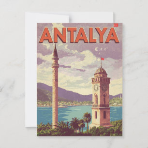 Cartão Postal Vintage Antalya Turkey Clock Tower Minaret Viagem