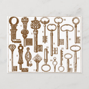 Cartão Postal Vintage Antigo Conjunto de Teclas Antigas Moedas