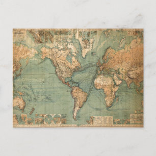 Cartão Postal Vintage Antigo Mapa Mundial Antiquado