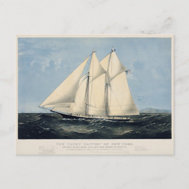 Cartão Postal Vintage Antique Yacht Sailboat Seascape (Frente)