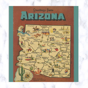 Cartão Postal Vintage Arizona Map Cactus and Saguaro Blossom