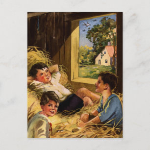 Cartão Postal Vintage Art Boys em Fazenda no Verão