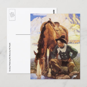 Cartão Postal Vintage Art, Cowboy Watering His Horse by NC Wyeth