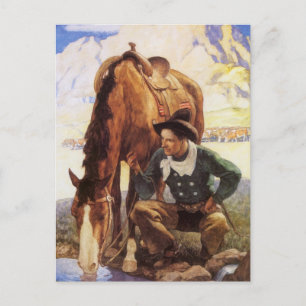 Cartão Postal Vintage Art, Cowboy Watering His Horse by NC Wyeth