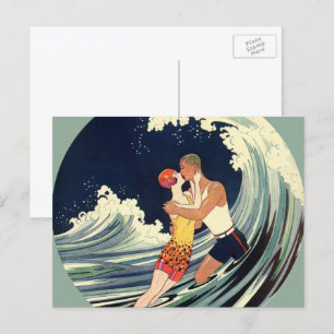 Cartão Postal Vintage Art Deco, Amantes Beijam na Praia