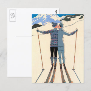 Cartão Postal Vintage Art Deco, Amantes na neve por George Barbi