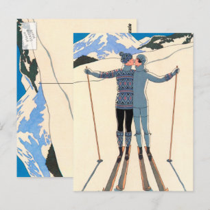 Cartão Postal Vintage Art Deco, Amantes na neve por George Barbi