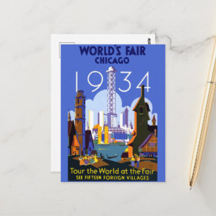 Cartão Postal Vintage Art Deco Chicago 1934 World's Fair Poster