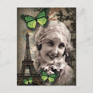 Cartão Postal vintage art deco gatby girl na moda parisiense