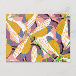 Cartão Postal Vintage Art Deco Jazz Pochoir Garden Dragonflies