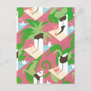 Cartão Postal Vintage Art Deco Jazz Pochoir Palm Trees and Birds