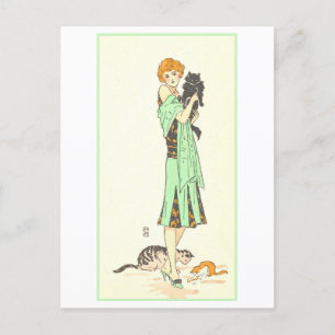 Cartão Postal Vintage Art Deco Mulher com Três Gatos