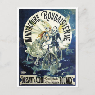 Cartão Postal Vintage Art Nouveau Fairies, Pierrot Bicycle Moon