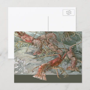 Cartão Postal Vintage Art Nouveau, Lagostas no Oceano
