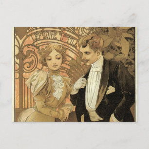 Cartão Postal Vintage Art Nouveau Love Romance, Flirt de Mucha