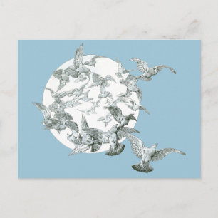 Cartão Postal Vintage Art Nouveau Pássaros com Lua Cheia