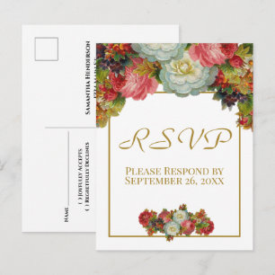 Cartão Postal Vintage Autumn Floral Dourado Weding RSVP