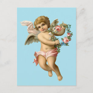Cartão Postal Vintage Baby Cherub com Flores