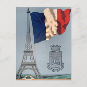 Cartão Postal Vintage Bandeira Nacional Francesa e Torre Eiffel