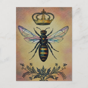 Cartão Postal Vintage Bee No. 3 Queen Crown Watercolor Art