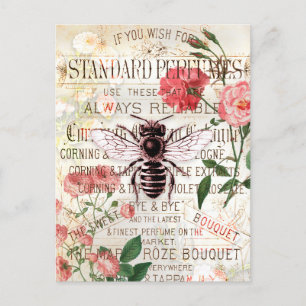 Cartão Postal Vintage Bee Rose Bouquet Ephemera