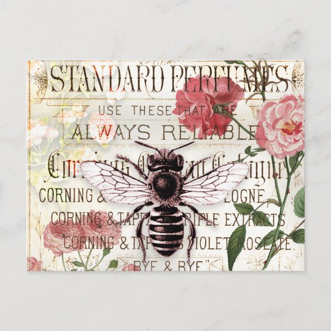 Cartão Postal Vintage Bee Rose Bouquet Ephemera (Frente)