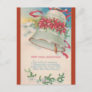 Cartão Postal Vintage Bell e Poinsettias Ano Novo