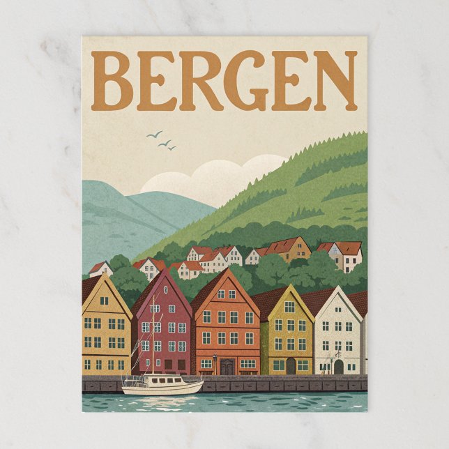 Cartão Postal Vintage Bergen Bryggen Harbour (Criador carregado)