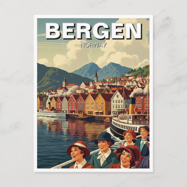 Cartão Postal Vintage Bergen Norway Viagem (Frente)