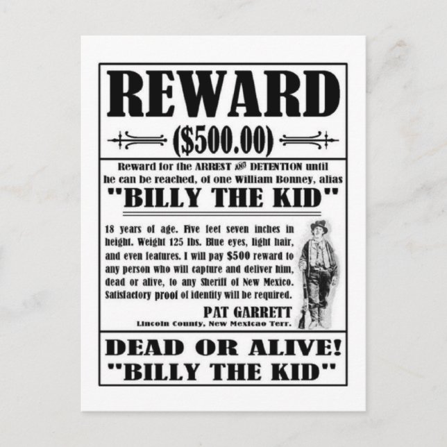 Cartão Postal Vintage Billy the Kid Queria Poster (Frente)