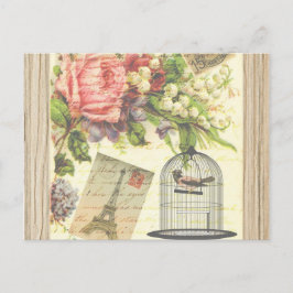 Cartão Postal Vintage Bird Floral French Paris Eiffel Tower
