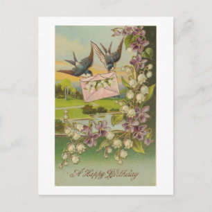 Cartão Postal Vintage Birthday Birds Purple Flowers