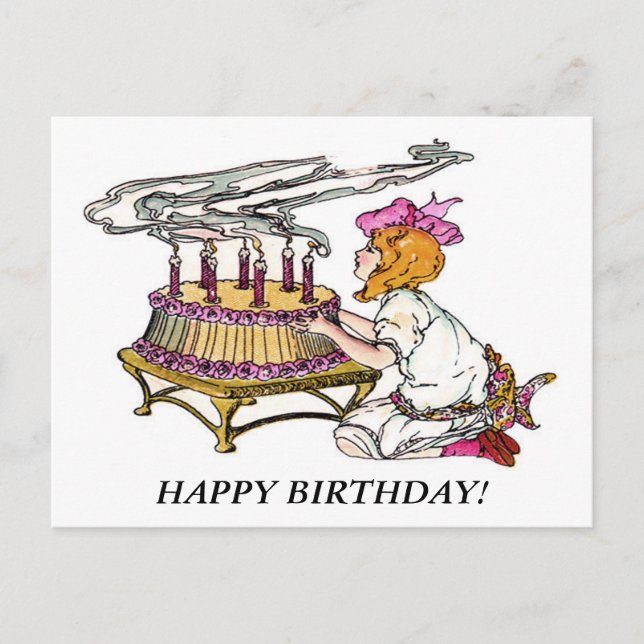 Cartão Postal Vintage Birthday Girl with Cake (Frente)
