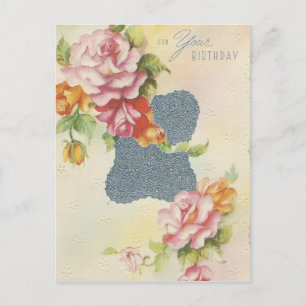 Cartão Postal Vintage Birthday Pink Roses