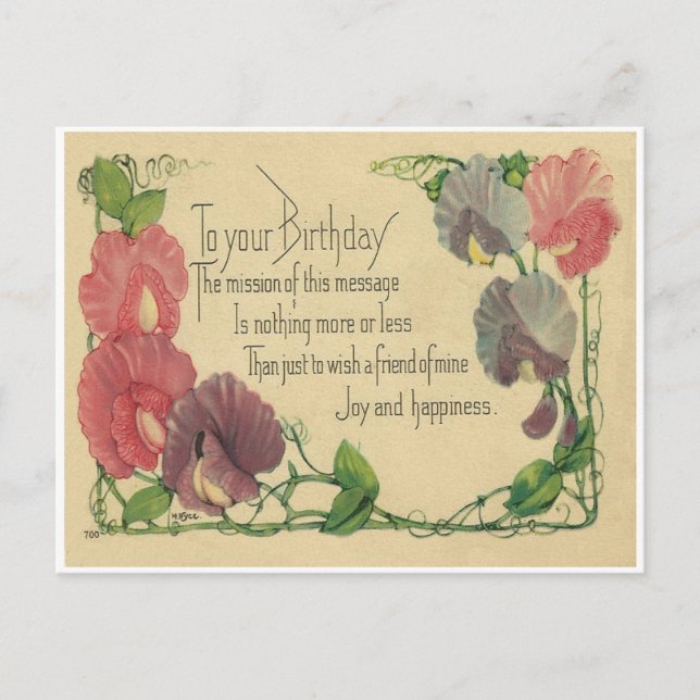 Cartão Postal Vintage Birthday Sweet Peas (Frente)