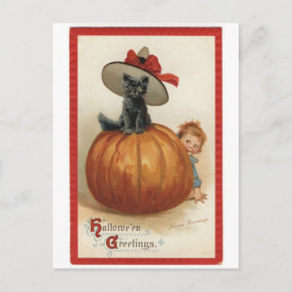 Cartão Postal Vintage Black Cat com Witch Hat