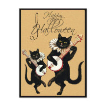 Vintage Black Cat Music com Banjo Happy Halloween