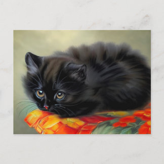 Cartão Postal Vintage Black Kitten com Red Flower Blanket