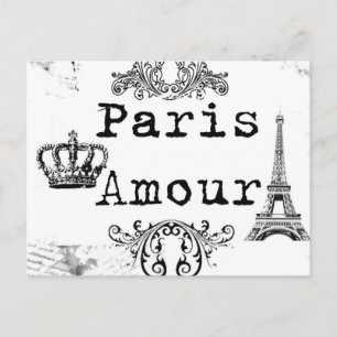Cartão Postal Vintage Black White Paris Amour Eiffel Tower