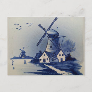 Cartão Postal Vintage Blue White Delft Windmill