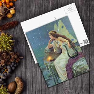 Cartão Postal Vintage Bonito Fada Fae Harp Candela Oceano