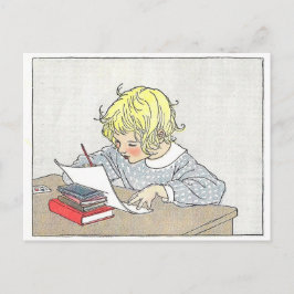 Cartão Postal Vintage Book Illustration Girl Escrevendo uma letr