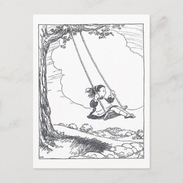 Cartão Postal Vintage Book Illustration Girl Swinging (Frente)
