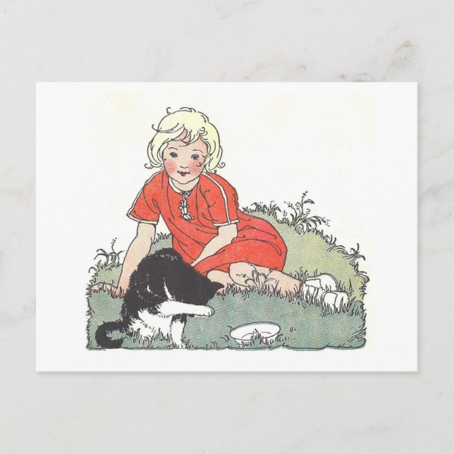 Cartão Postal Vintage Book Illustration Girl with Cat (Frente)