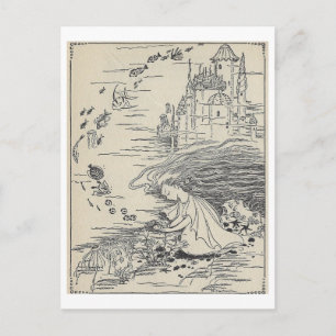 Cartão Postal Vintage Book Illustration Girl with Seashells