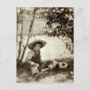 Cartão Postal Vintage Boy with Dog Rest Postcard