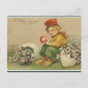 Cartão Postal Vintage Boy with Flowers and Egg Páscoa