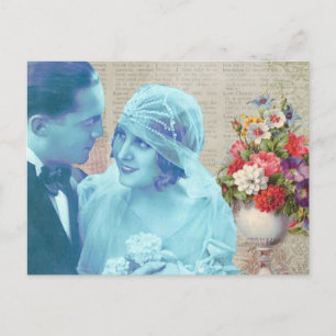 Cartão Postal Vintage Bride e Groom Floral